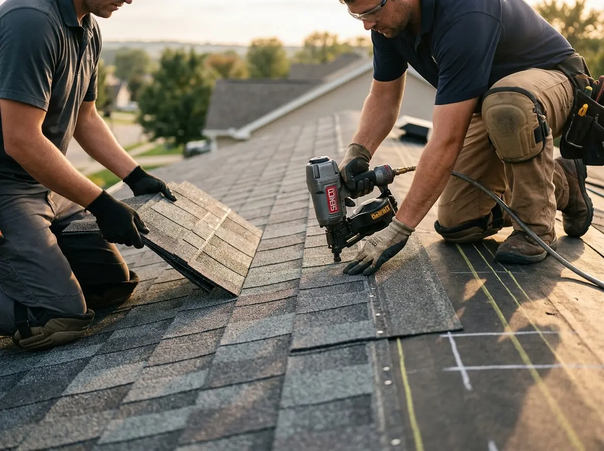 Professional roofer working on a residential roof in White Center